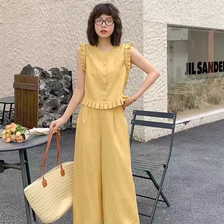 2025夏季新款时尚套装女无袖背心上衣阔腿裤亚麻两件套减龄洋气潮