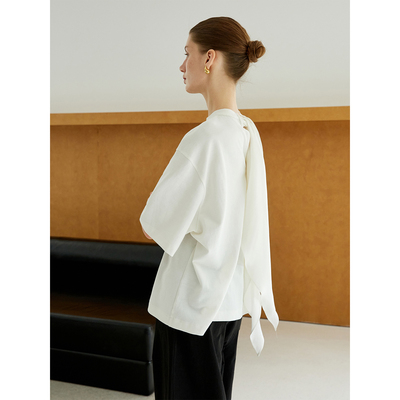 NANCYLILI飘带针织T恤女夏季新品设计感不规则短袖上衣宽松女白色