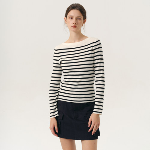 极简通勤绵羊毛修身条纹针织上衣