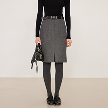 NANCYLILI 25冬季新品前开叉羊毛半身裙女毛呢短裙大口袋通勤裙子