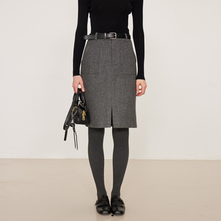 NANCYLILI冬季前开叉羊毛直筒灰色半身裙女毛呢短裙半裙通勤裙子