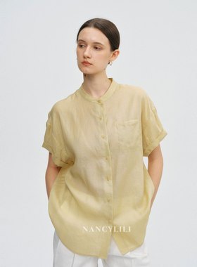 NANCYLILI26夏季新品鹅黄色天丝苎麻衬衫宽松圆领短袖上衣松弛女
