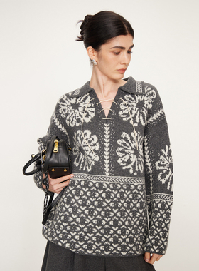 NANCYLILI 25冬季新品羊毛深灰色花朵毛衣女V领复古针织上衣慵懒