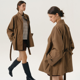 NANCYLILI新品女装酵素水洗立领大袖口廓形短款棕色风衣外套女