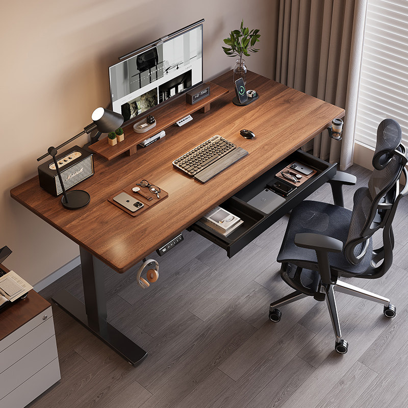 电动升降桌实木智能电脑桌带抽屉可升降电竞桌子家用学习办公书桌