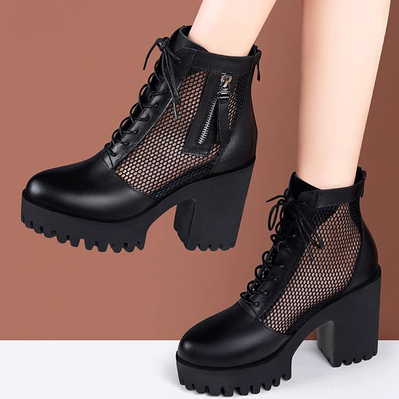 春夏季薄款新款粗跟厚底镂空透气软皮网纱马丁靴女士凉鞋高跟单靴