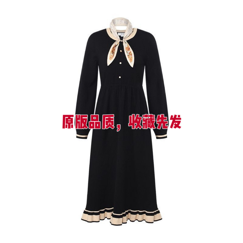 气质优雅小领结收腰法式复古早春冬季新款黑色年会显瘦针织连衣裙