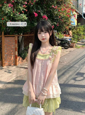多巴胺穿搭独特绝美小裙子套装高级感绿色小飞袖短裙花苞裤子女夏