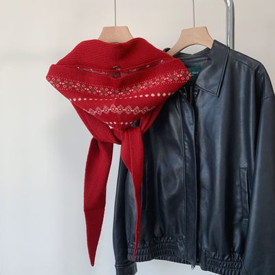 费尔岛风红色连帽围巾披肩带帽子一体外搭女2025新款针织帽含羊毛