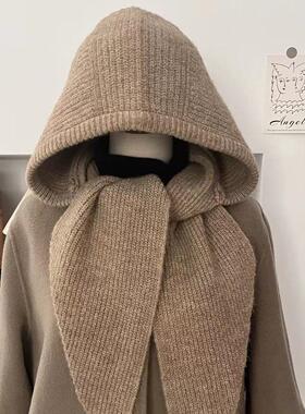 2025秋冬季新款纯色针织连帽围巾披肩带帽子一体女外搭护颈围脖