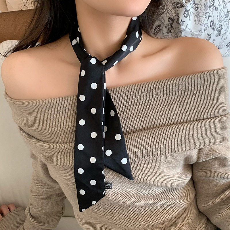 黑色波点长条丝巾女2025新款系脖高级感领巾飘带韩系丝带脖饰搭配图片