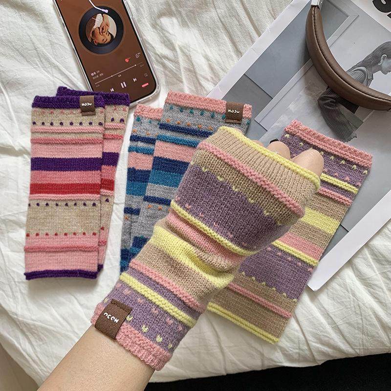 彩色条纹半指手套女冬季2025新款保暖防寒可爱露指学生写字高颜值,服饰配件/皮带/帽子/围巾,手套,淘宝优惠券,粉丝福利购,淘宝优惠卷