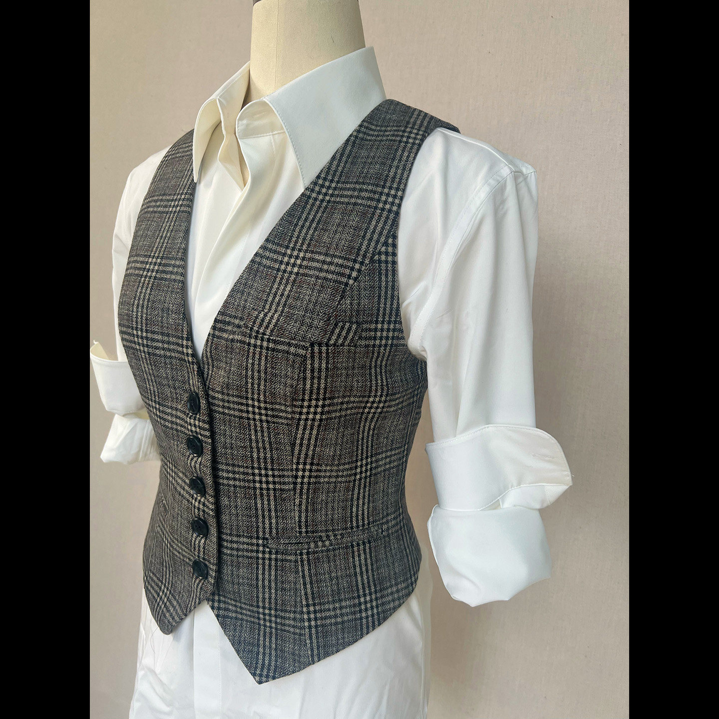 LISAYU羊毛格子马甲衬衣西装职业装两件套装马夹复古格子修身背心