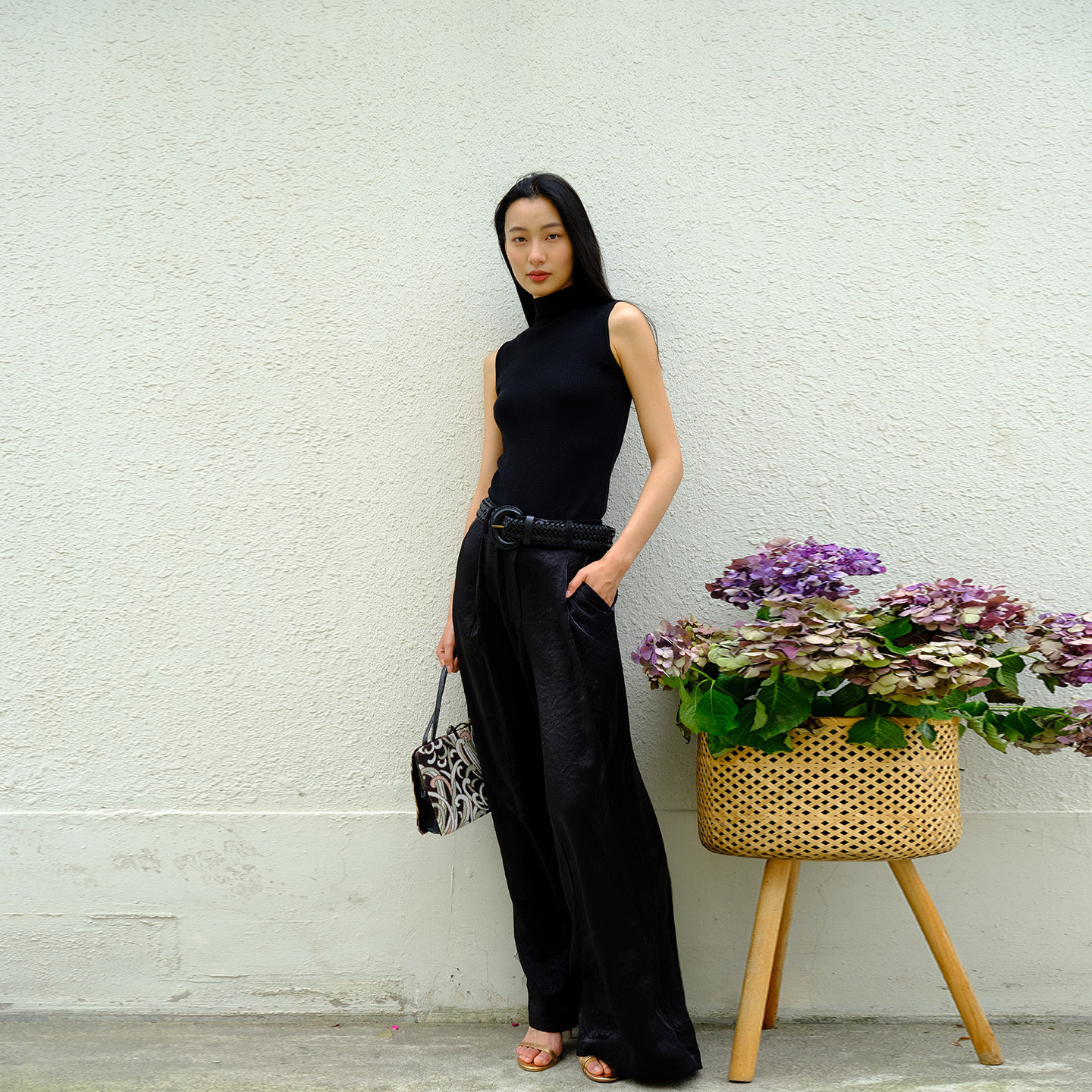 LISAYU黑色针织知性百搭背心上衣阔腿裤卡其长裤职业通勤两件套装