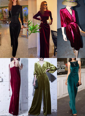 LISAYU新款紧身弹力丝绒长袖连衣裙修身金丝绒褶皱过膝超长T恤裙