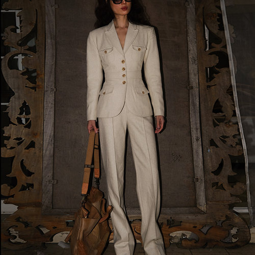 英伦米色羊毛麦呢毛呢长裤两件套