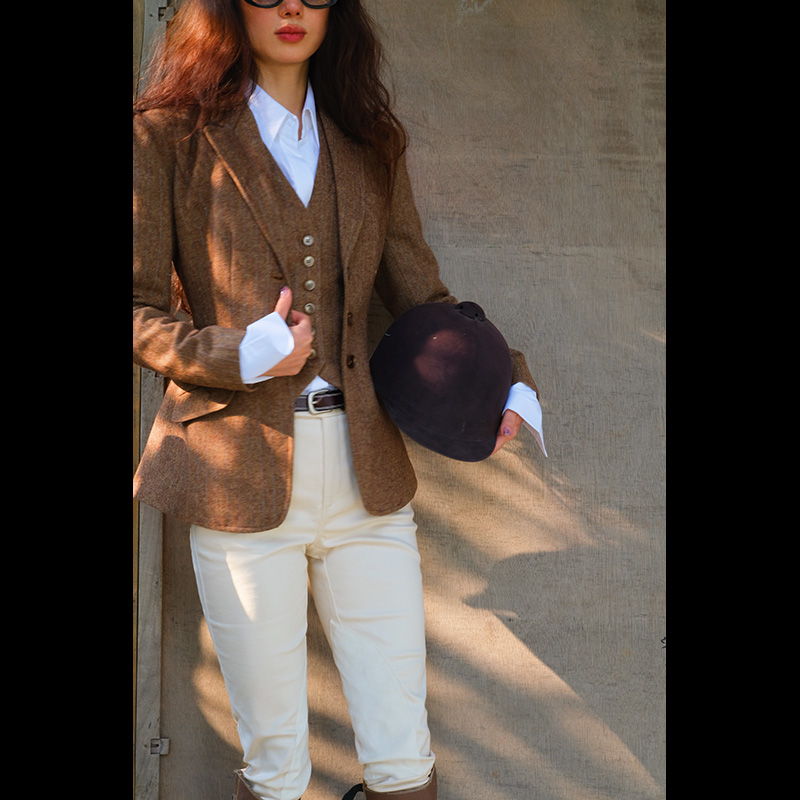 LISAYU复古羊毛西装马甲套装老钱人字呢花呢背心紧身长裤三件套装