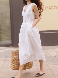 白色亚麻棉麻连衣裙无袖马甲连衣裙长裙无袖背心法式复古连衣裙