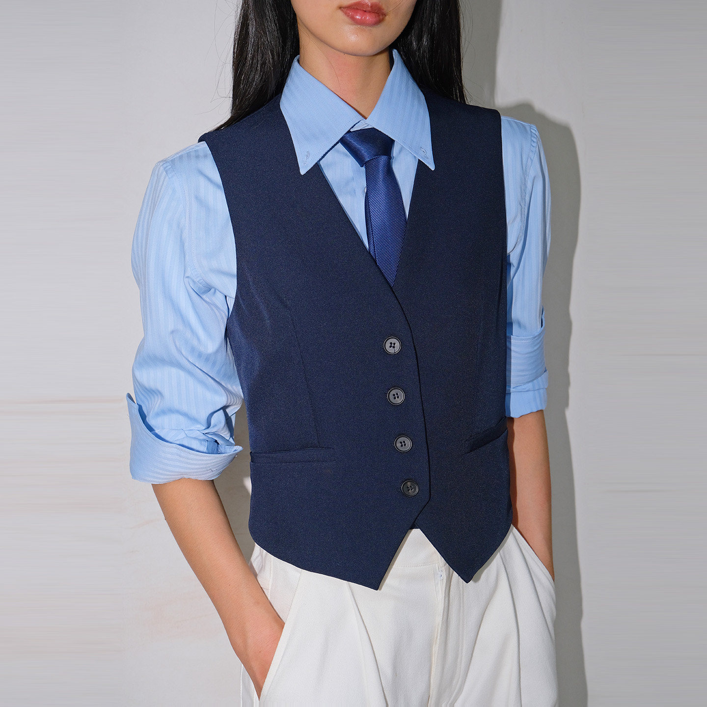 LISAYU西装马甲浅蓝色衬衣白色休闲直筒萝卜长裤领带马甲两件套装
