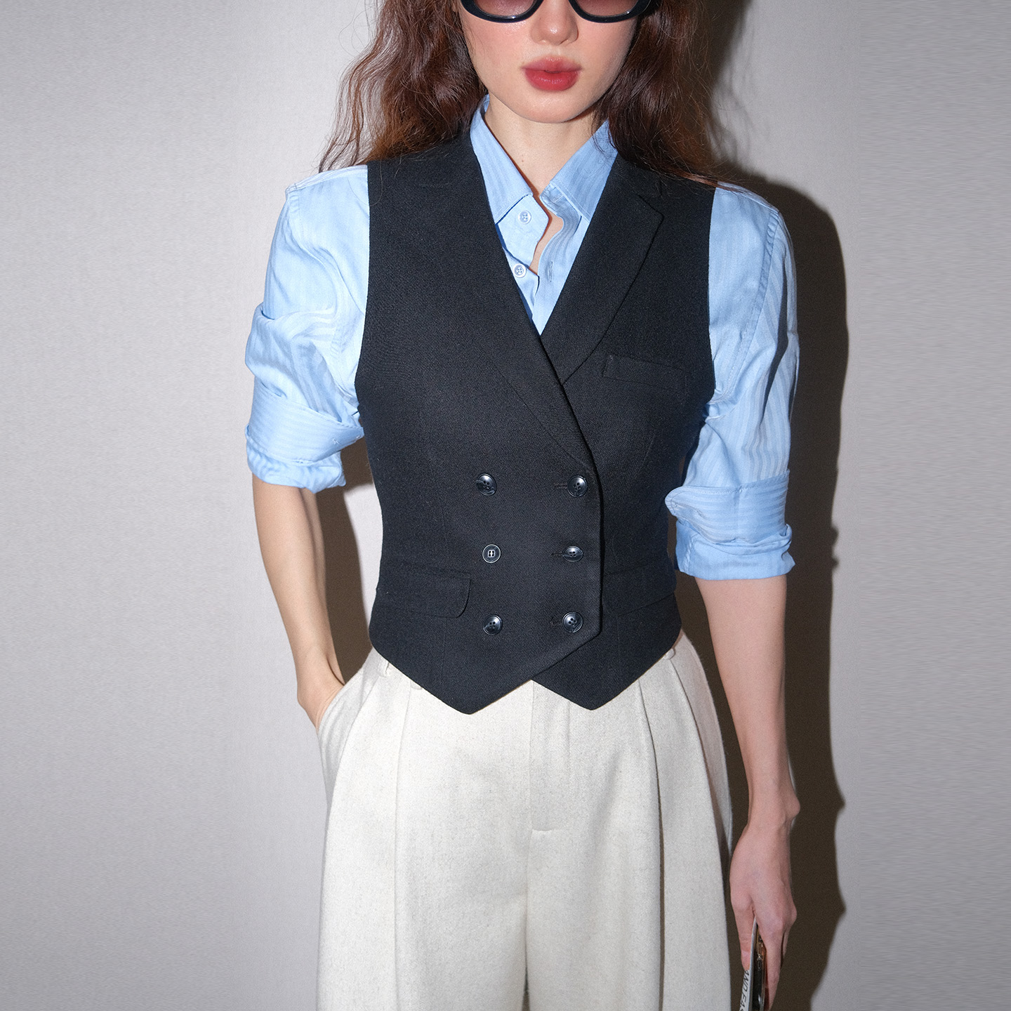 LISAYU黑色毛呢羊毛双排扣马甲衬衣羊毛高腰阔腿裤西装套装三件套