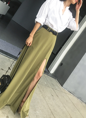 LISA YU时尚纯色白衬衣女高腰开叉军绿色半身裙超长裙大摆裙套装