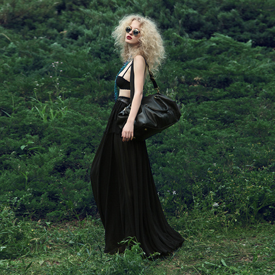 原创雪纺高腰蕾丝百搭简约超长半身裙