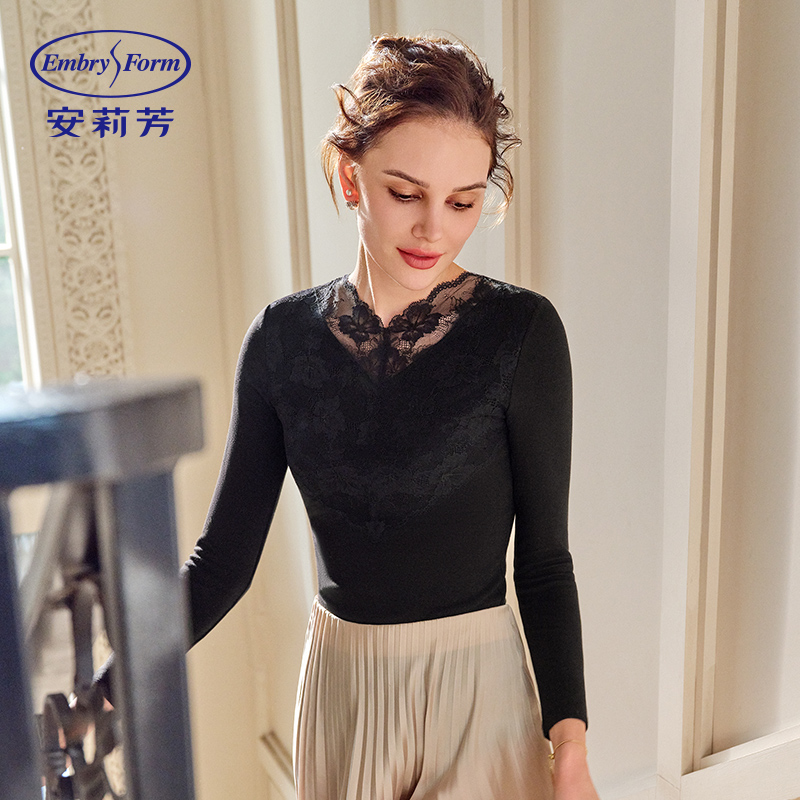 安莉芳2024年秋冬长袖v领暖肤衣打底上衣女士蕾丝花边秋衣ED00430