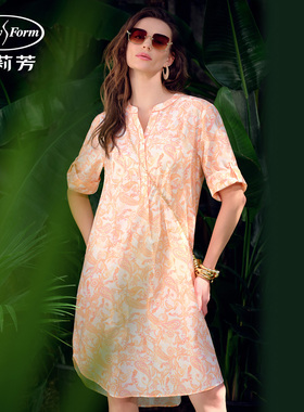 安莉芳夏季桑蚕丝梭织碎花v领中袖宽松女士家居裙可外穿EL00871