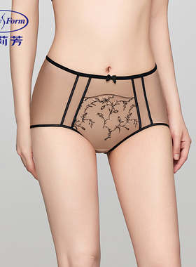安莉芳花卉刺绣拼网纱中高腰三角裤女士撞色丈根包臀内裤E300920
