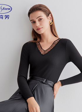 安莉芳秋冬新品蕾丝V领长袖暖衣上装女士修身打底棉毛衫ED00259