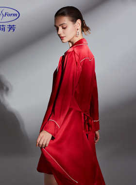 安莉芳秋冬本命年桑蚕丝睡袍女和服式系带红色家居服EL00484