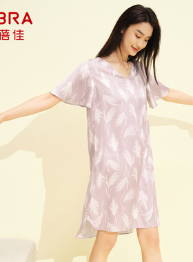 安莉芳旗下E-BRA薄款印花V领短袖睡裙女士长款睡衣家居服KL00108