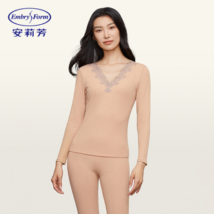 安莉芳新品蕾丝花边v领打底上衣女士长袖秋衣ED00340