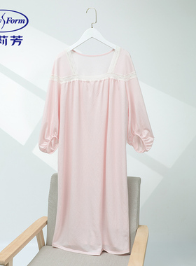 安莉芳专柜新品莱赛尔方领拼接蕾丝睡裙女士七分袖家居裙EL00698