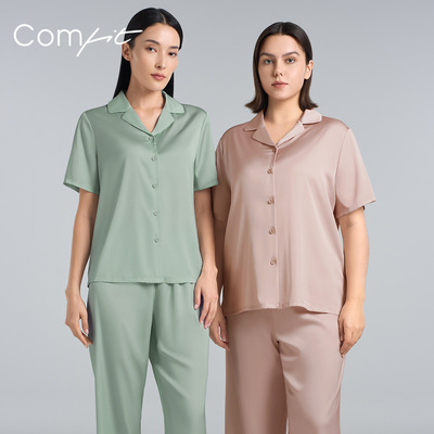 Comfit女士睡衣套装春夏V领开衫短袖舒适休闲上下套家居服CL00010