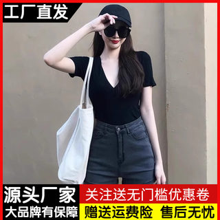 纯欲风辣妹性感深V领短袖t恤女夏季小心机显胸大紧身短款露脐上衣