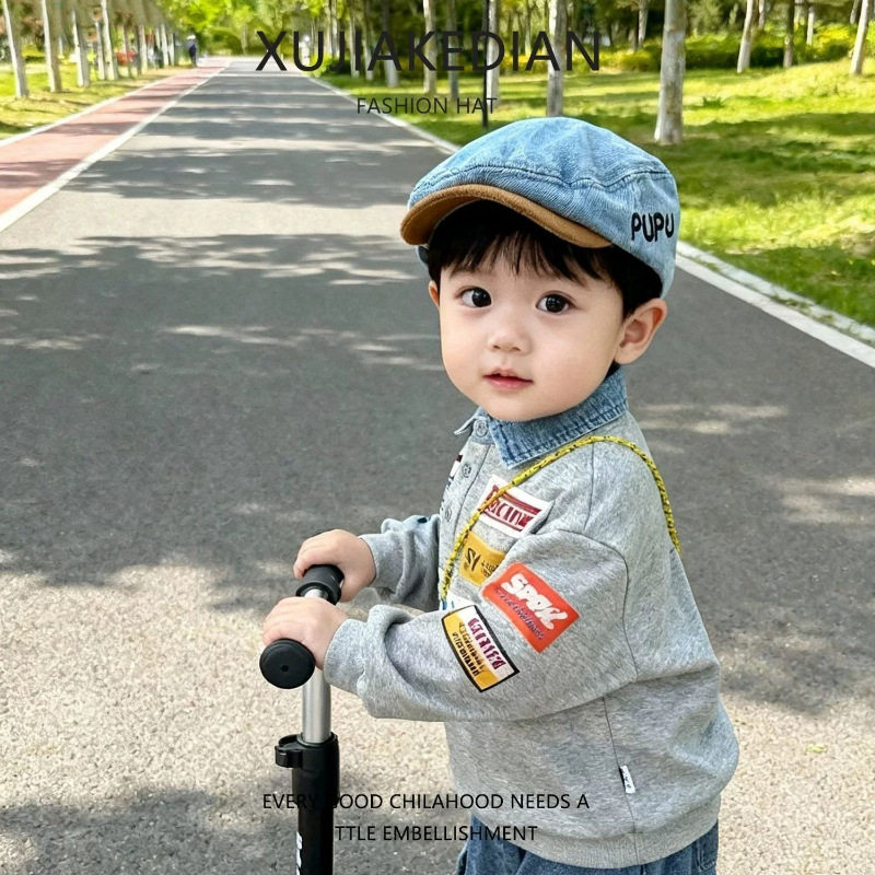 宝宝帽子春秋季牛仔前进帽儿童韩版洋气反戴贝雷帽小童复古鸭舌帽