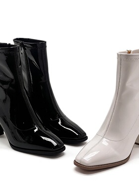 【陈书婷专享】高跟短靴冬季漆皮粗跟瘦瘦靴S28