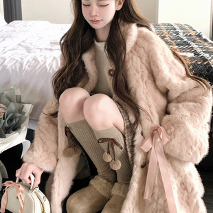 蝴蝶结大衣 厚外套2025新款 中古粉貂环保皮草毛毛外套女中长款 冬季
