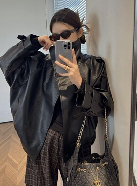 2026春季新款立领双排扣AC风格荔枝纹皮衣仿小羊皮短外套廓形夹克