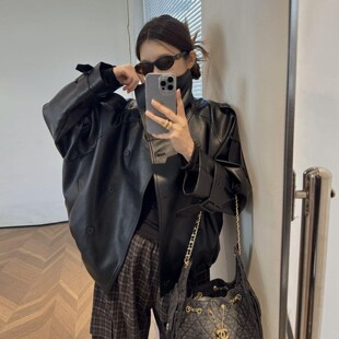 2026春季新款立领双排扣AC风格荔枝纹皮衣仿小羊皮短外套廓形夹克