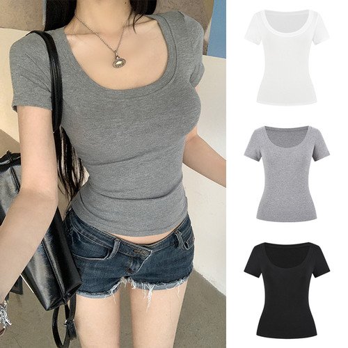 【送运费险】U领修身辣妹短袖女