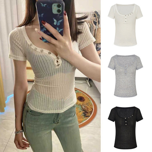 Moses Queen纯欲风半开领短袖T恤女装2025夏季设计感修身显瘦上衣