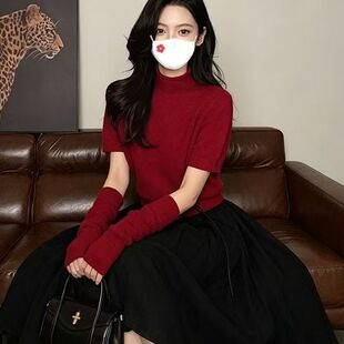 红色高领毛衣女秋季可拆卸袖套设计感小众短款修身针织打底衫上衣