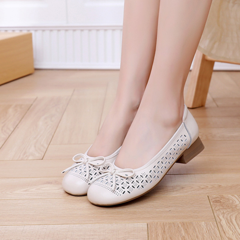 真皮镂空女鞋软面软底低跟洞洞鞋