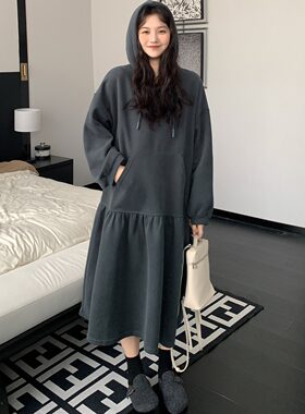 慵懒风纯色简约连帽卫衣长裙女秋冬新款宽松显瘦休闲拼接连衣裙子
