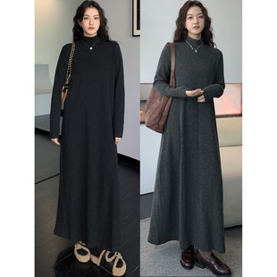 宽松显瘦连衣裙 韩版 纯色简约半高领直通打底长裙子2025秋冬季 新款