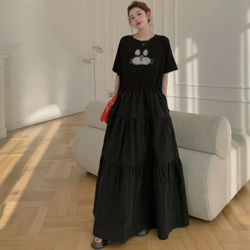 2026夏季新款猫猫拼接短袖连衣裙女宽松显瘦高级设计感A字长裙子