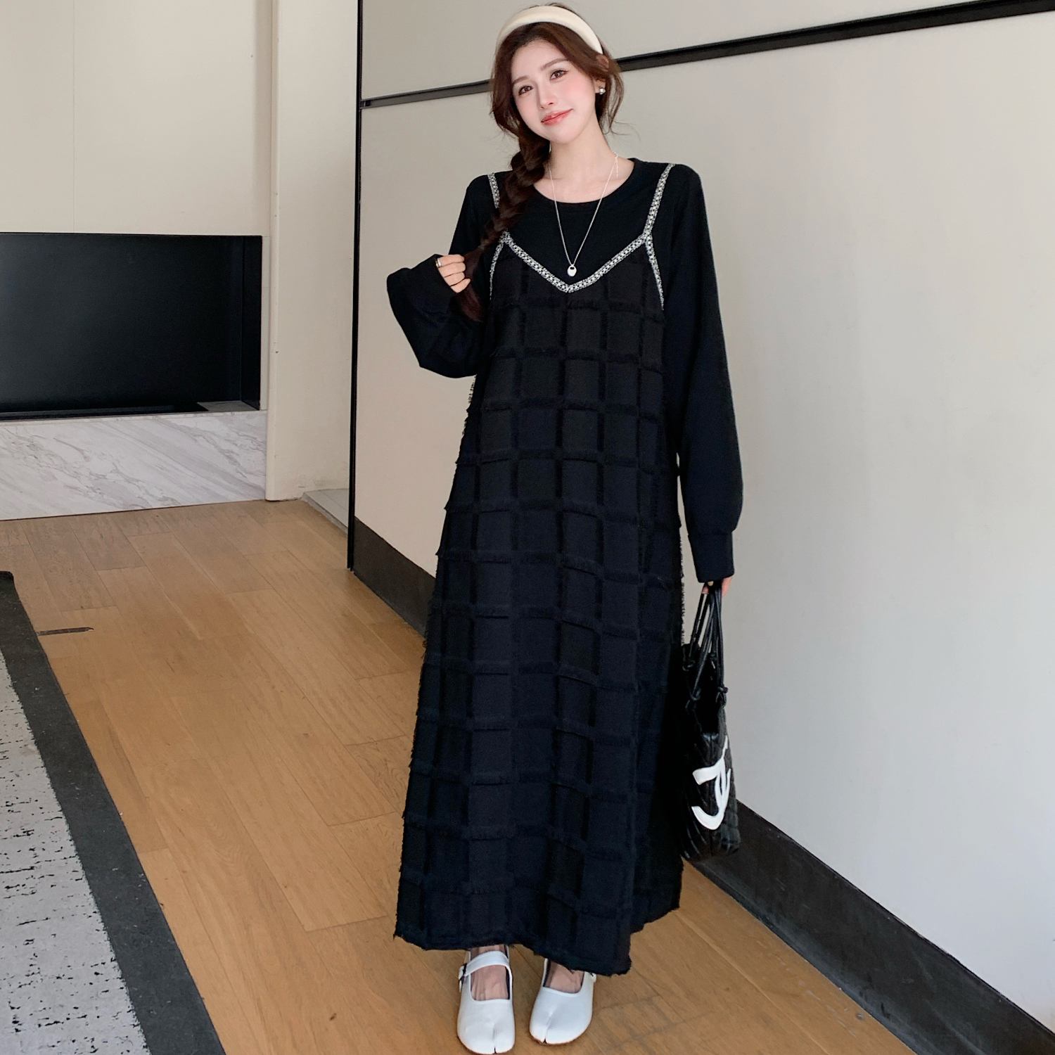 2025秋季新款大码女装胖mm赫本风假两件吊带裙开叉小众长袖连衣裙