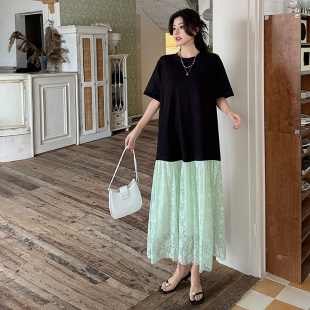 T恤连衣裙 宽松显瘦短袖 大码 拼接蕾丝裙摆假两件长裙女2025夏新款